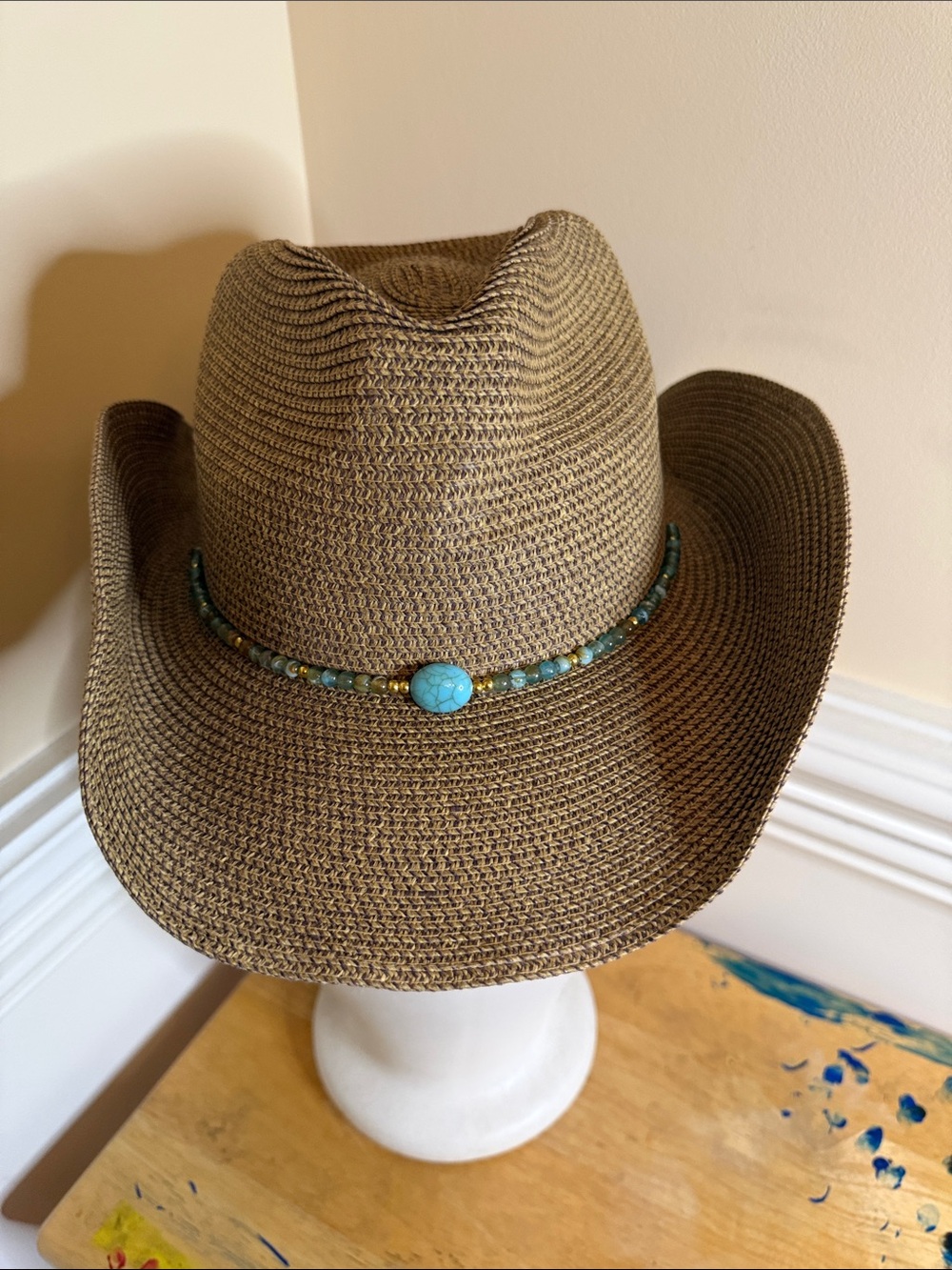 Brown Straw Cowboy Hat with Turquoise Bead Trim